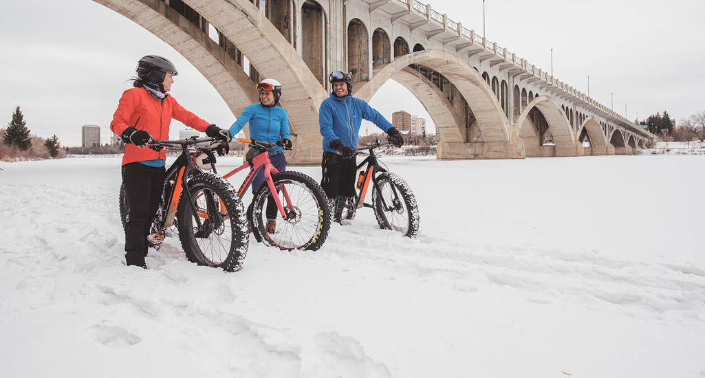 Winter biking along the shores of the South Saskatchewan River in the city of Saskatoon