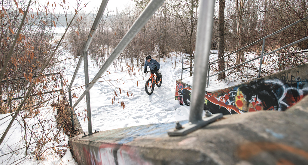 Winter biking along the shores of the South Saskatchewan River in the city of Saskatoon