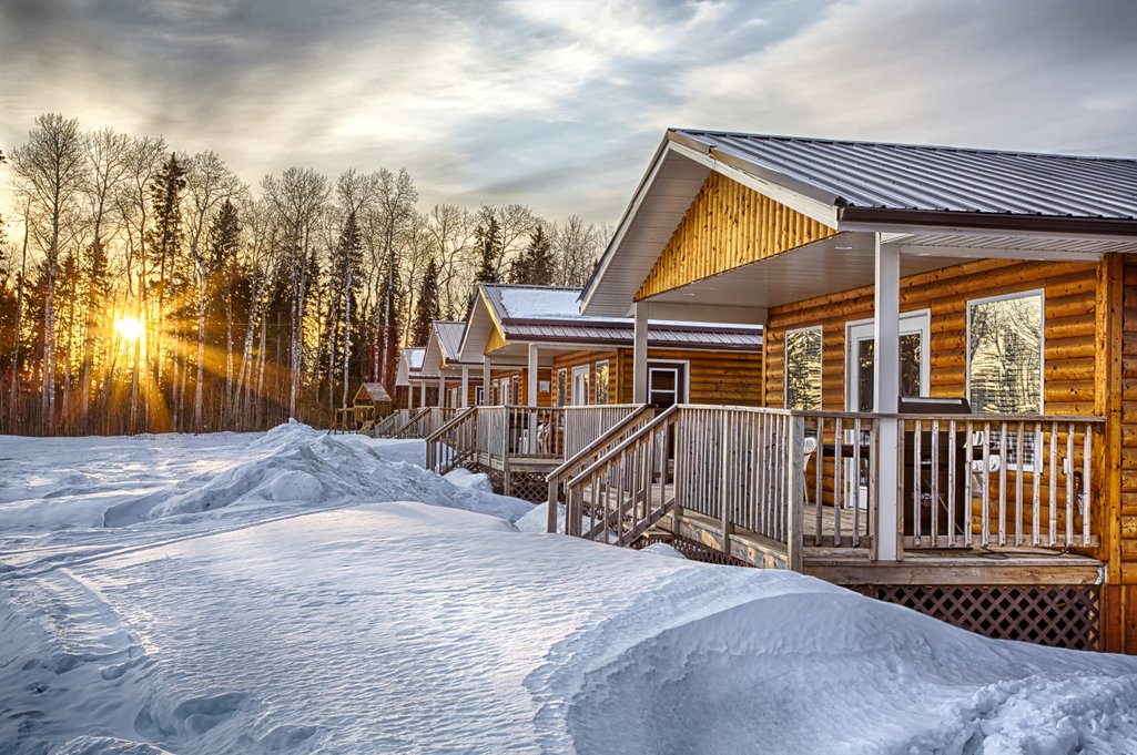 picture of cabins at Candle Lake Resort in winter